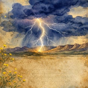 May include: Watercolor illustration of a dramatic thunderstorm over a desert landscape. Dark blue storm clouds with a bright yellow lightning strike. Yellow wildflowers in the foreground. Lined paper with the text "Honeyed Grace Paperie".