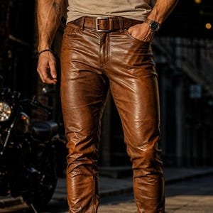 Pode incluir: Calças de couro castanhas com cinto e botas a condizer. As calças têm um design clássico de cinco bolsos e um aspeto ligeiramente desgastado. As botas são de cano curto e têm um acabamento polido. O estilo geral é robusto e moderno.