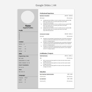 Peut inclure: Un modèle de CV professionnel en nuances de gris et de blanc. Le document comprend des sections pour le profil, les coordonnées, les compétences et l'expérience professionnelle, axé sur l'analyse de données et d'affaires.