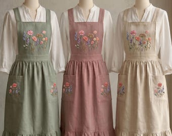Hand-Stitched Wildflower Linen Apron with Pockets, Ruffle Hem Cottagecore Gardening Gift