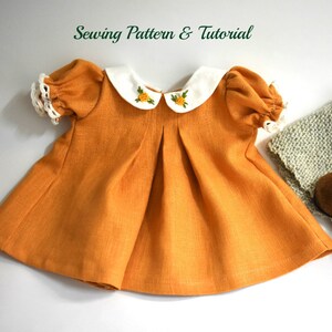 PDF sewing pattern and tutorial for vintage-style doll dress with puff sleeves and floral embroidered collar. Fits 18-20 inch Waldorf dolls. Elegant and classic look.