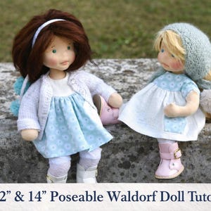 May include: Two handmade Waldorf dolls, approximately 12 and 14 inches tall, are seated side-by-side. The dolls wear dresses, sweaters, and hats. The text at the bottom reads "12" & 14" Poseable Waldorf Doll Tutorial."
