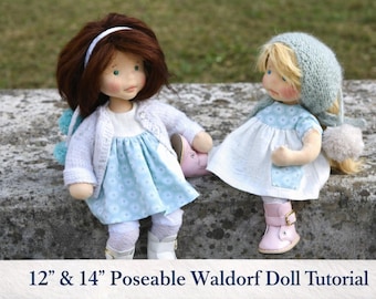 May include: Two handmade Waldorf dolls, approximately 12 and 14 inches tall, are seated side-by-side. The dolls wear dresses, sweaters, and hats. The text at the bottom reads "12" & 14" Poseable Waldorf Doll Tutorial."
