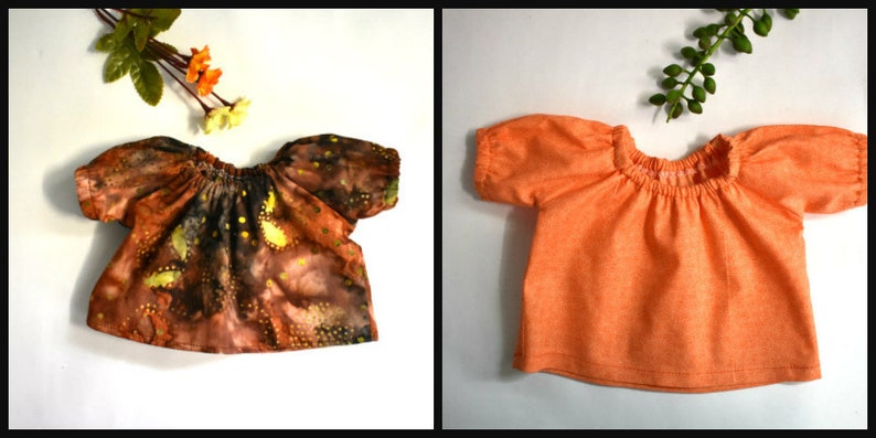 A collage of six doll clothing items. Top left: white blouse with wide lace collar and pearl buttons. Top right: linen overalls with orange puff-sleeve shirt. Center: long-sleeve floral dress in navy with pink and orange flowers. Bottom right: denim jeans with front pockets. Small inset photos show a white romper and an orange off-shoulder blouse. All designed for 18" dolls.