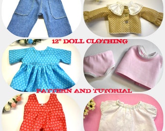 NEW ! Set of 6 PDF Doll Clothes Patterns  for 12"  Waldorf doll ,  Doll clothing sewing PATTERN & Tutorial ,