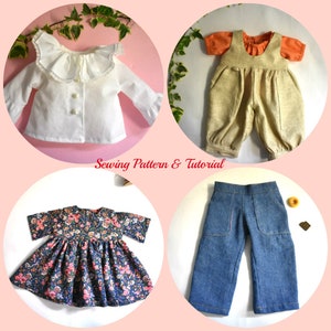 A collage of six doll clothing items. Top left: white blouse with wide lace collar and pearl buttons. Top right: linen overalls with orange puff-sleeve shirt. Center: long-sleeve floral dress in navy with pink and orange flowers. Bottom right: denim jeans with front pockets. Small inset photos show a white romper and an orange off-shoulder blouse. All designed for 18" dolls.
