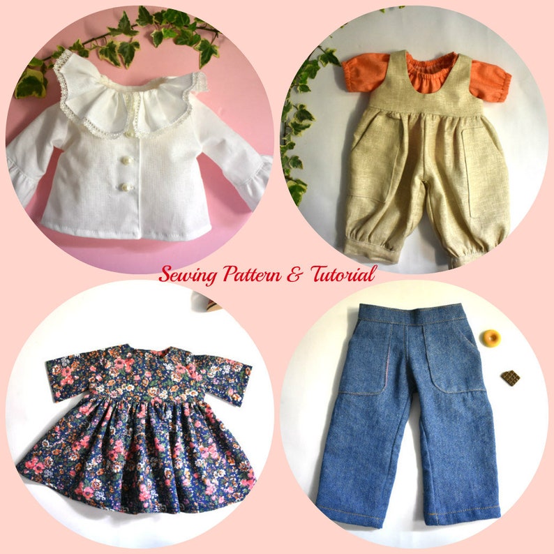 A collage of six doll clothing items. Top left: white blouse with wide lace collar and pearl buttons. Top right: linen overalls with orange puff-sleeve shirt. Center: long-sleeve floral dress in navy with pink and orange flowers. Bottom right: denim jeans with front pockets. Small inset photos show a white romper and an orange off-shoulder blouse. All designed for 18" dolls.