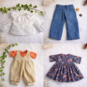Summer doll clothes sewing pattern set for Waldorf dolls, includes linen romper, white ruffle blouse, denim pants, floral dress, and lace-trimmed playsuit. Handmade doll outfit tutorial, PDF download, perfect for 15-18 inch dolls and DIY doll wardrobes