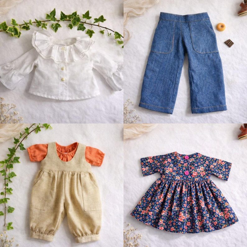 Summer doll clothes sewing pattern set for Waldorf dolls, includes linen romper, white ruffle blouse, denim pants, floral dress, and lace-trimmed playsuit. Handmade doll outfit tutorial, PDF download, perfect for 15-18 inch dolls and DIY doll wardrobes