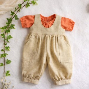Summer doll clothes sewing pattern set for Waldorf dolls, includes linen romper, white ruffle blouse, denim pants, floral dress, and lace-trimmed playsuit. Handmade doll outfit tutorial, PDF download, perfect for 15-18 inch dolls and DIY doll wardrobes