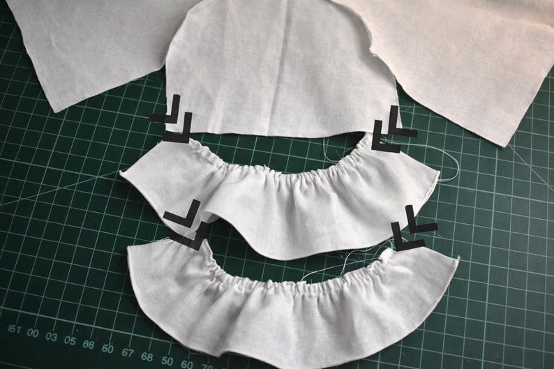 Summer doll clothes sewing pattern set for Waldorf dolls, includes linen romper, white ruffle blouse, denim pants, floral dress, and lace-trimmed playsuit. Handmade doll outfit tutorial, PDF download, perfect for 15-18 inch dolls and DIY doll wardrobes