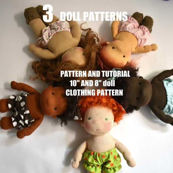 Tutorial "My first doll "  3 doll  patterns, two size 10" and 8" , pattern for clothing,  Dolls for beginners ,  small doll, pocket doll