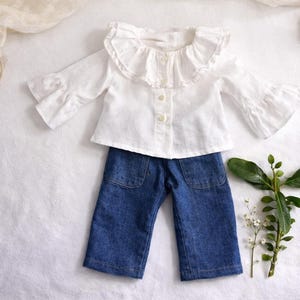 Summer doll clothes sewing pattern set for Waldorf dolls, includes linen romper, white ruffle blouse, denim pants, floral dress, and lace-trimmed playsuit. Handmade doll outfit tutorial, PDF download, perfect for 15-18 inch dolls and DIY doll wardrobes