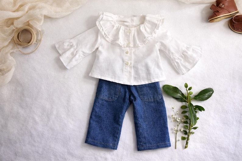 Summer doll clothes sewing pattern set for Waldorf dolls, includes linen romper, white ruffle blouse, denim pants, floral dress, and lace-trimmed playsuit. Handmade doll outfit tutorial, PDF download, perfect for 15-18 inch dolls and DIY doll wardrobes