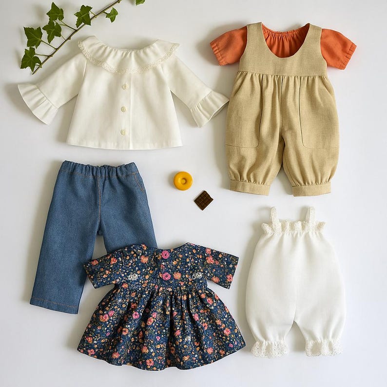 Summer doll clothes sewing pattern set for Waldorf dolls, includes linen romper, white ruffle blouse, denim pants, floral dress, and lace-trimmed playsuit. Handmade doll outfit tutorial, PDF download, perfect for 15-18 inch dolls and DIY doll wardrobes