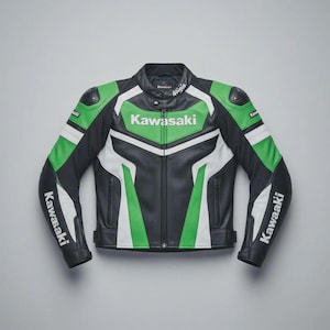Mens Kawasaki Racing Motorcycle Jacket: Green & Black Cowhide Leather Biker Jacket