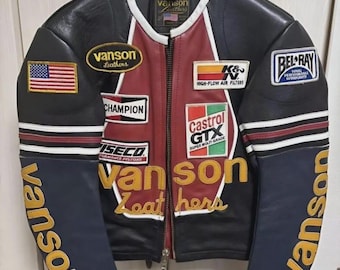 Giacca da motociclista in pelle Vanson, giacca da corsa in vera pelle bovina con toppe, giacca da motociclista