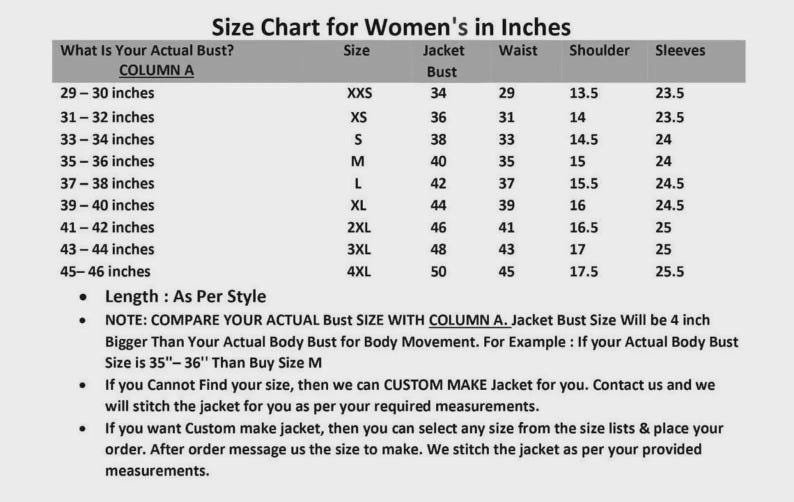 May include: A size chart for jackets in inches, featuring a table with columns for actual bust, size, jacket bust, waist, shoulder, and sleeves. It includes notes on comparing actual bust size to jacket bust size and custom order instructions.