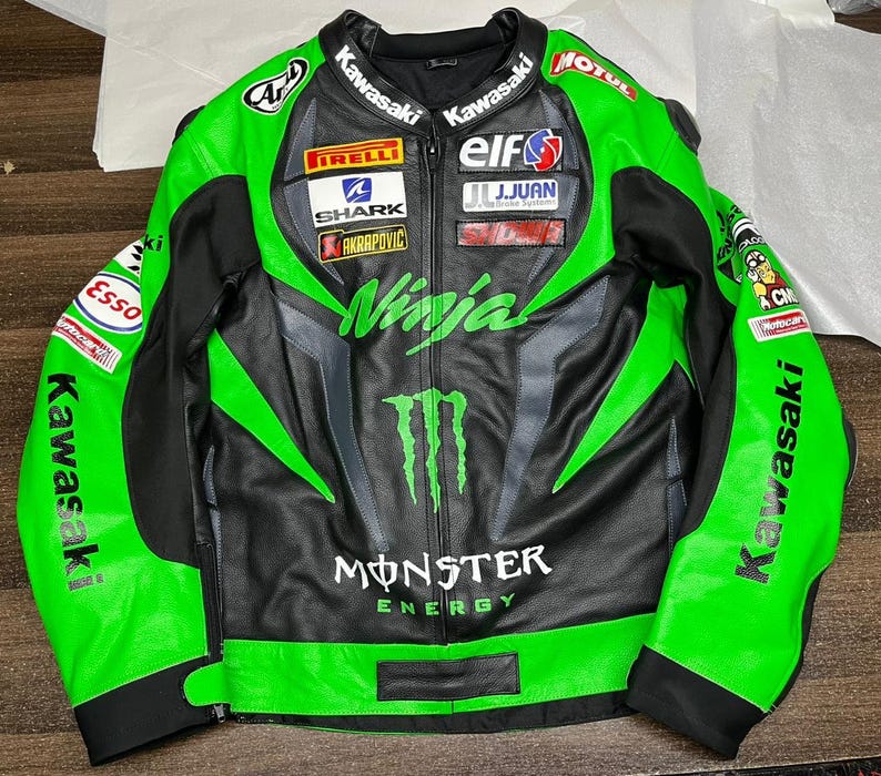 Kawasaki Ninja Racing Leather Motorcycle Jacket – Men’s Genuine Cowhide Jacket, Biker Racing Coat, Real Leather Moto Jacket Gift for Him image 3