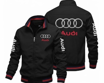 Audi Logo Jacket for Men, Black Zip Up Racing Jacket, Sports Car Streetwear