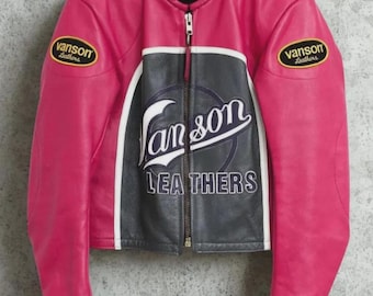 Giacca da motociclista in pelle rosa Vanson Performance, giacca da motociclista in vera pelle bovina in stile racing, giacca alla moda
