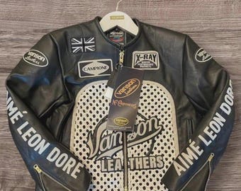 Giacca da corsa in pelle intrecciata traforata Aime Leon x Vanson, giacca da motociclista bianca e nera con toppe, giacca da motociclista vintage X-Ray, regalo per lui