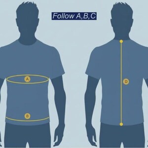 May include: A diagram showing two blue silhouettes of a torso wearing a t-shirt. The left figure displays measurement points A and B across the chest and waist. The right figure displays measurement point D vertically along the back. Text reads Follow A, B, C.