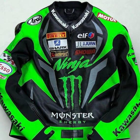 Kawasaki Ninja Racing Leather Motorcycle Jacket – Men’s Genuine Cowhide Jacket, Biker Racing Coat, Real Leather Moto Jacket Gift for Him
