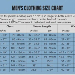 May include: A clothing size chart with a light blue background and black text. The table displays measurements in inches and centimeters for chest, sleeve length, and waist across sizes XS to 5XL, including notes on tall and slim fit variations.