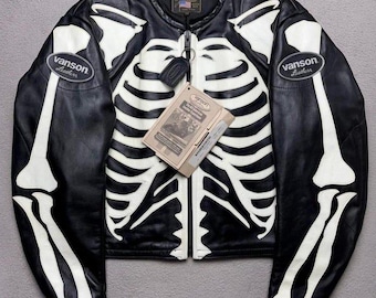 Giacca da motociclista in pelle Vanson Skeleton, cappotto in vera pelle di vacchetta, capospalla da motociclista da corsa punk gotico