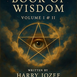 May include: Book cover with the title "THE BOOK OF WISDOM" in large white letters. Below, "VOLUME I & II" is displayed. A golden pentagram with an eye is centered. The author's name, "HARRY JOZEF", is at the bottom.