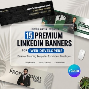 Peut inclure: Plusieurs modèles de marketing numérique pour développeurs web. L'image présente une souris blanche, une petite plante en pot et des bannières avec du texte, dont "15 Premium LinkedIn Banners for Web Developers".