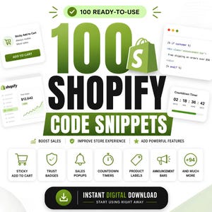 Może przedstawiać: Cyfrowa grafika promująca 100 gotowych do użycia fragmentów kodu Shopify. Projekt zawiera duży zielony i czarny tekst, ikonę torby na zakupy oraz mniejsze karty przedstawiające funkcje, takie jak przyklejony koszyk i liczniki.