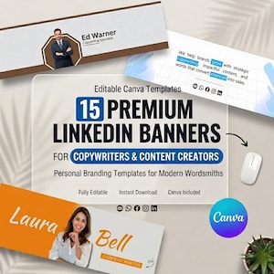 May include: A promotional image for LinkedIn banners. The image features a central graphic that reads "15 PREMIUM LINKEDIN BANNERS FOR COPYWRITERS & CONTENT CREATORS." Additional graphics include business card templates and a Canva logo.