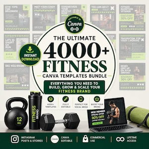Puede incluir: Un paquete de marketing digital con más de 4000 plantillas de fitness editables para Canva. El gráfico circular central muestra el texto THE ULTIMATE 4000+ FITNESS CANVA TEMPLATES BUNDLE, rodeado por una pesa rusa, un mezclador, una mancuerna y un portátil.