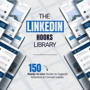 以下が含まれることがあります： 「The LinkedIn Hooks Library」のプロモーション画像。テキストは「150個のすぐに使えるフックで、注目を集め、リードをコンバート」。青と白を基調としたデザインで、LinkedInのプロフィールモックアップが複数表示されています。