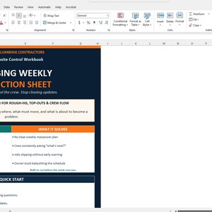 May include: A digital document titled "PLUMBING WEEKLY PRODUCTION SHEET" for plumbing contractors. The sheet is designed to help manage jobs, control the crew, and stop chasing updates. It includes sections for planning and tracking weekly progress.