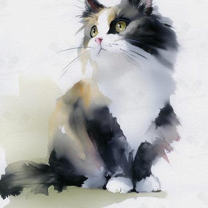 May include: Watercolor painting of a fluffy cat with black, white, and tan fur. The cat is sitting and looking upwards with green eyes. The artwork has a soft, painterly style with a light background.