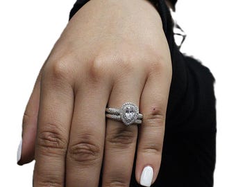 14k White Gold Pear Shape Natural Diamond Bridal Set -GIA Certified 1.70 CT Pear