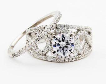 Ronde Briljant Geslepen Diamant Bruids Set Ring in 18k Wit Goud