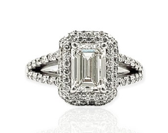 Emerald Halo Cut Diamond Engagement in 18k White Gold