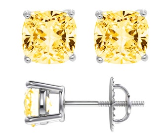 Cushion Cut Diamond Fancy Yellow 4.00 Carat Diamond Earring Set 18k White Gold