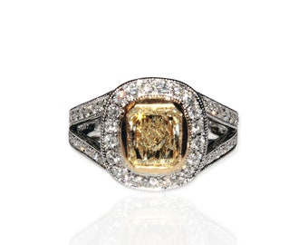 Fancy Yellow 3.62 Carat Diamond Engagement Ring Radiant Cut 18k White Gold GIA