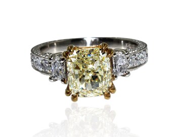 Fancy Yellow Two Tone 2.70 carat Radiant Cut Shape Diamond Engagement Ring in 18k White Gold