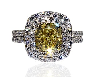 Stunning Fancy Yellow Cushion Cut Diamond Engagement Ring