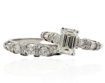 Emerald Cut Vintage Stijl Bruidsset in 18k Wit Goud