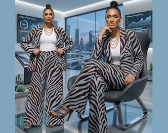 Elegant Oxblood & Icy Blue Matching Suit Set | Women's Tailored Blazer Palazzo Trousers | Luxury Designer Outfit | SHAPECRAFT