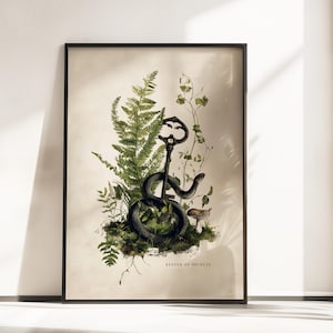 Black Snake Wall Art, Vintage Botanical Serpent Print, Fern Reptile Poster
