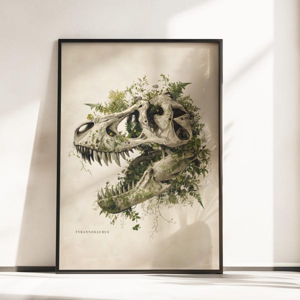 T Rex Skull Botanical Print, Tyrannosaurus Rex Fossil Poster, Dark Academia Dinosaur Wall Art
