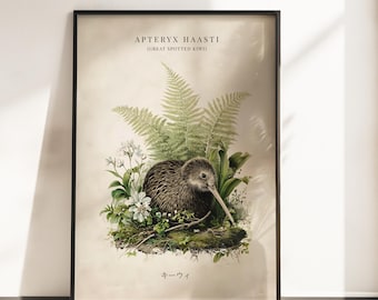 Great Spotted Kiwi Wall Art, Native New Zealand Bird Print, Aotearoa Fern Poster,